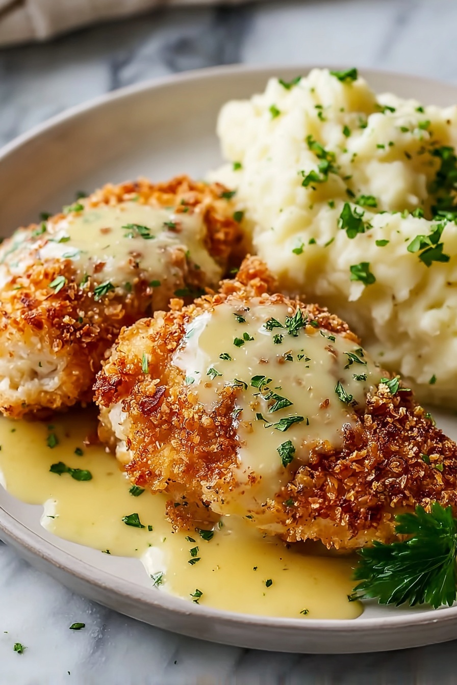 A plate of chicken covered in cheese.