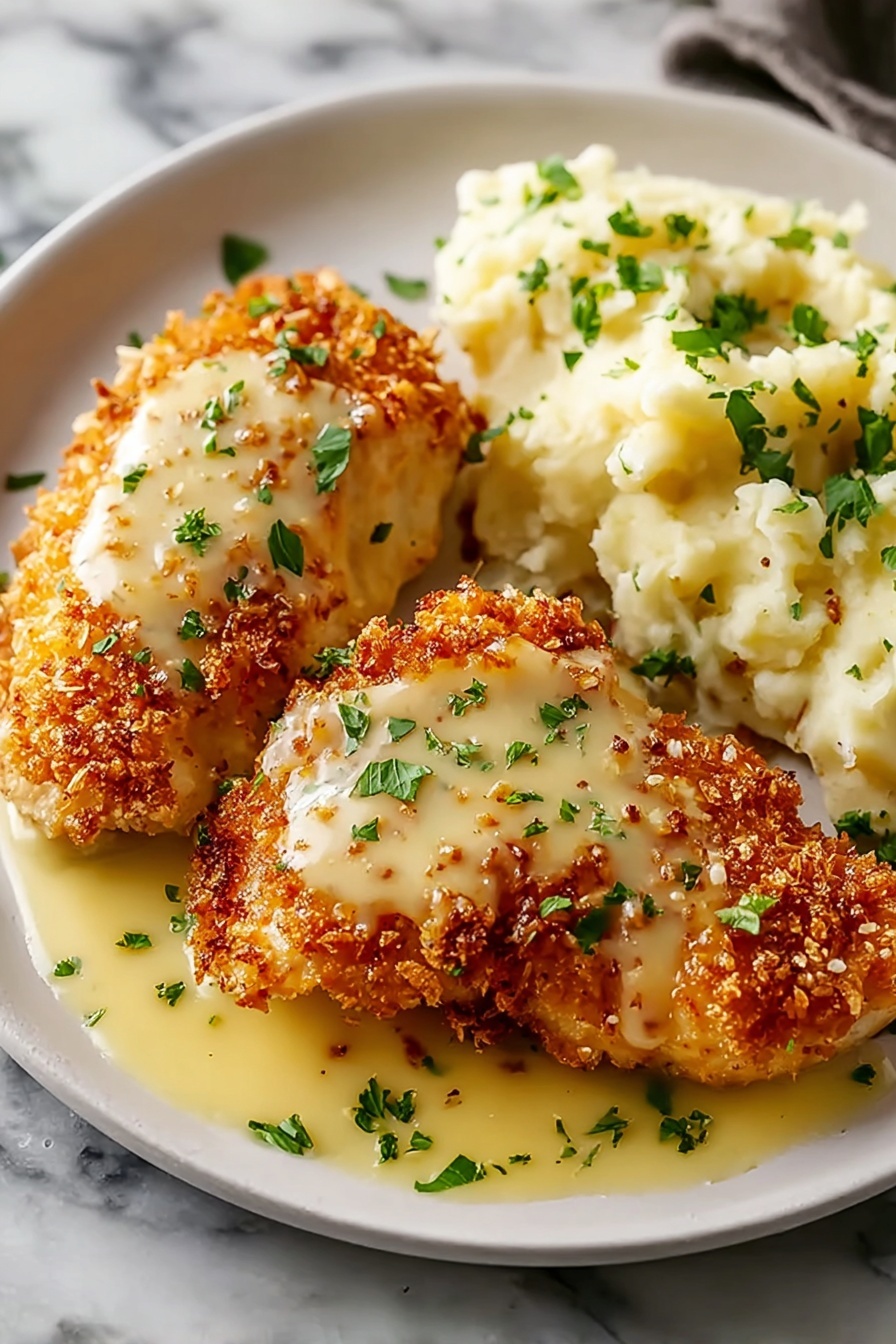 A plate of food with chicken and mashed potatoes.