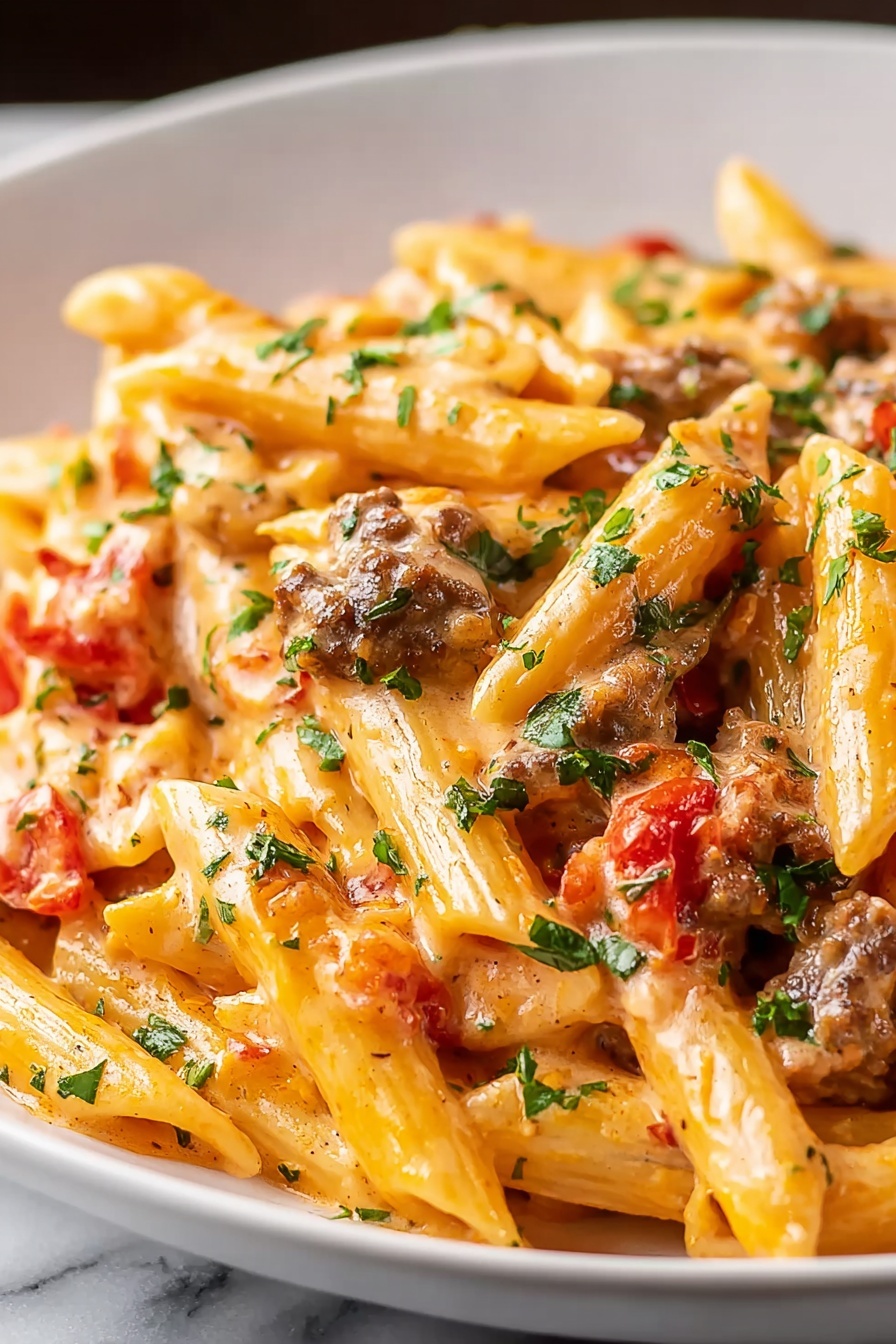 A plate of pasta with meat and tomatoes.