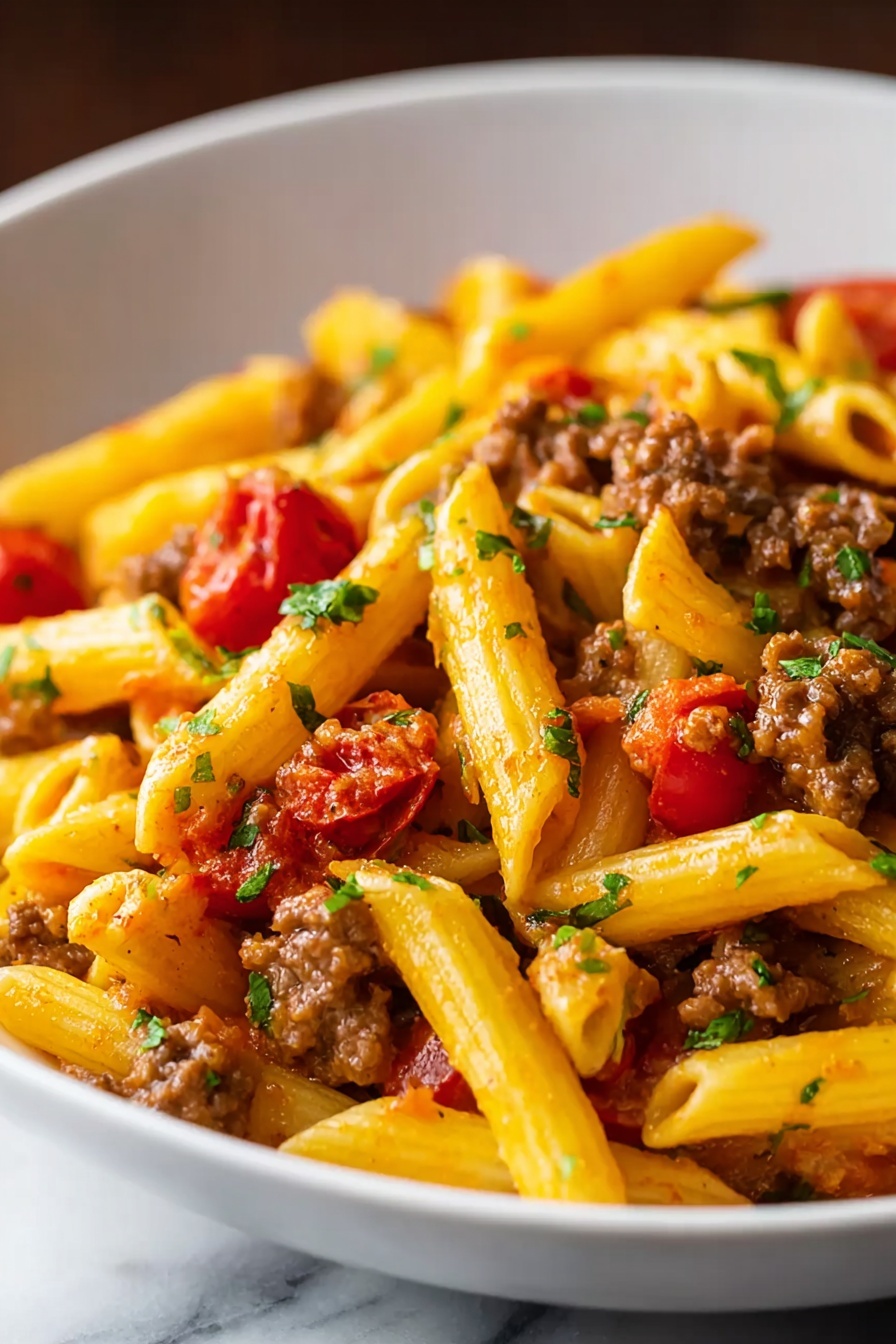 A bowl of pasta with meat and tomatoes.