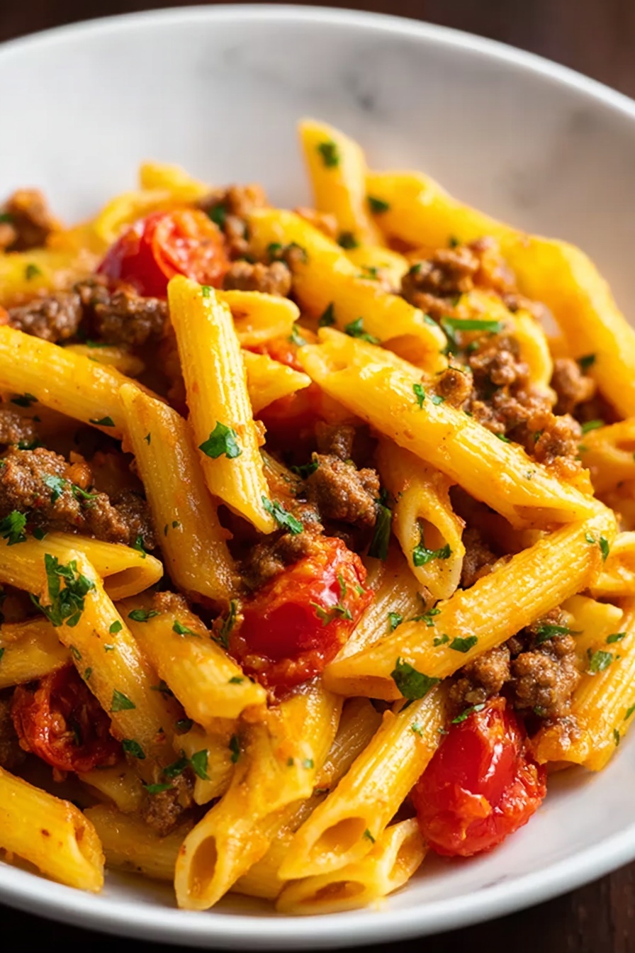 A plate of pasta with tomatoes and meat on top.
