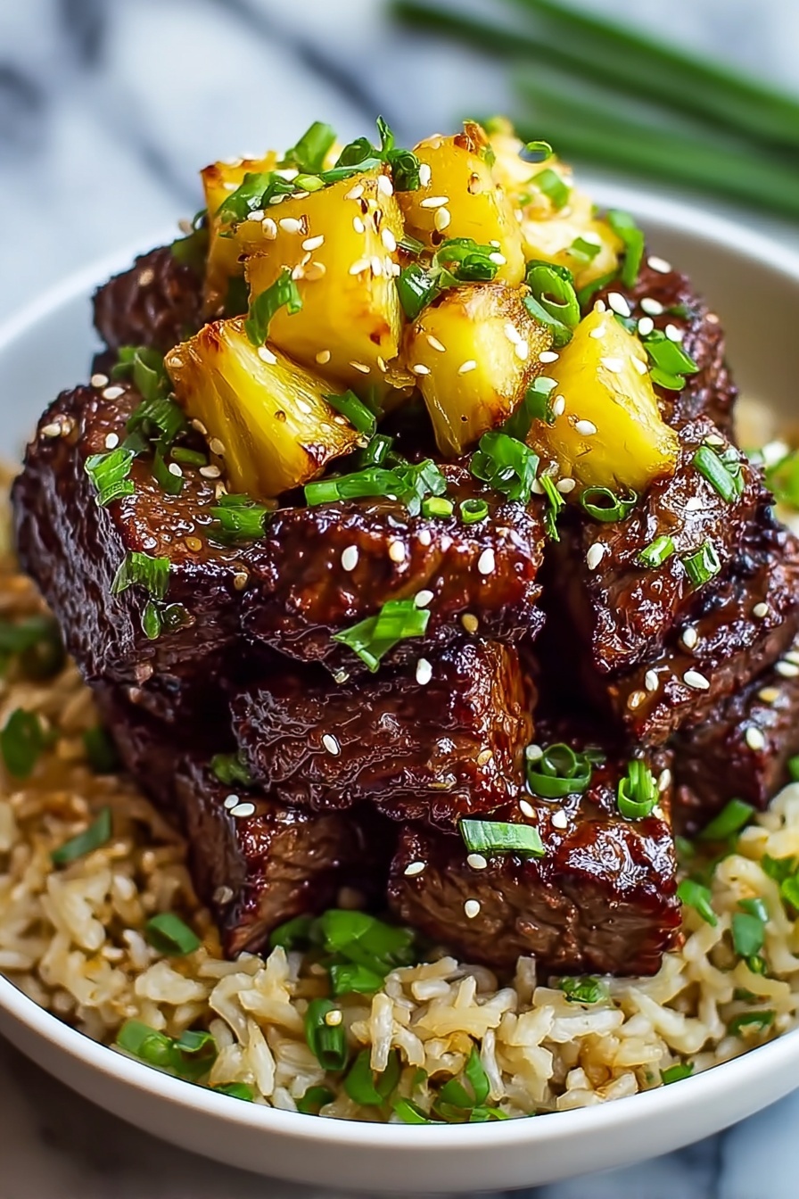 A bowl of beef and pineapple rice.