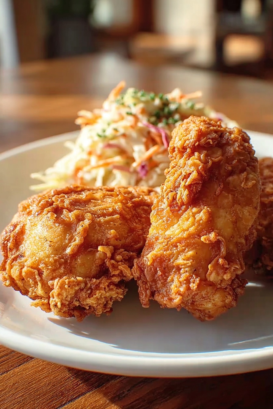 A plate of fried chicken and coleslaw.