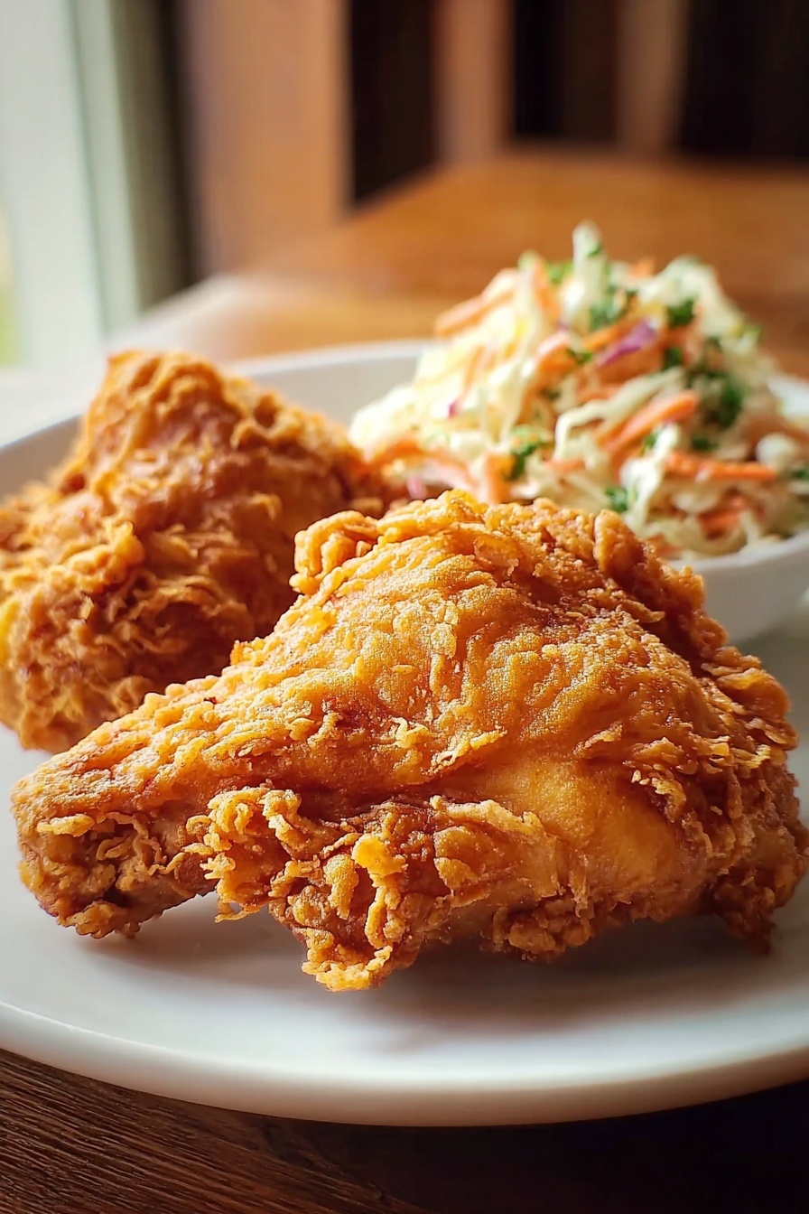 A plate of fried chicken and coleslaw.