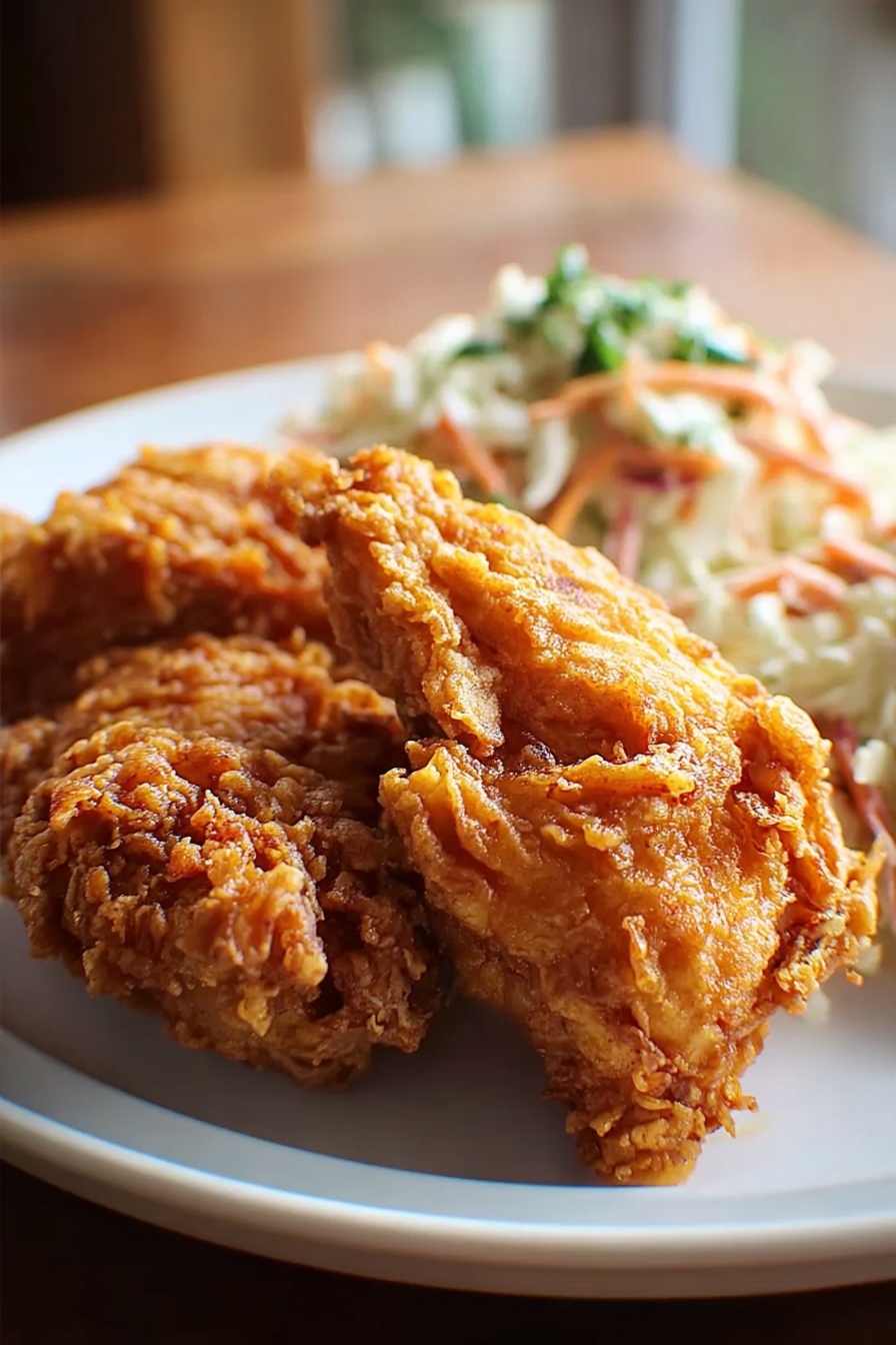 A plate of fried chicken and coleslaw.