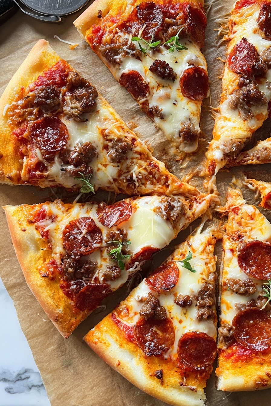 A slice of meat lover's pizza.