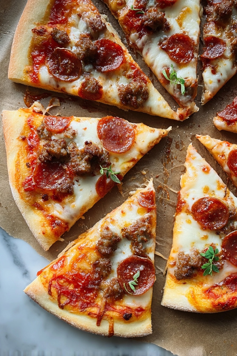 A slice of meat lover's pizza.
