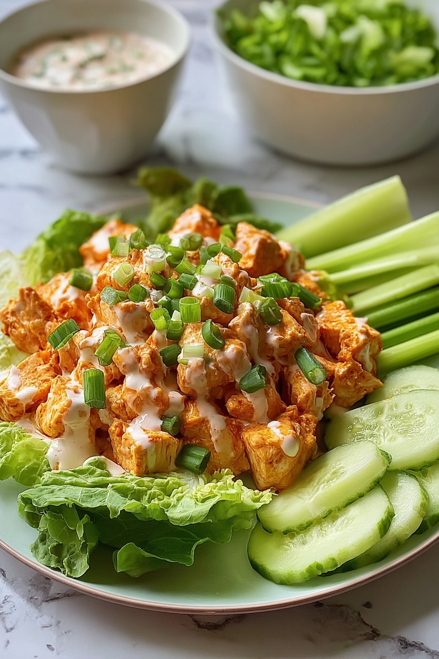 A plate of buffalo chicken salad with lettuce and cucumbers.