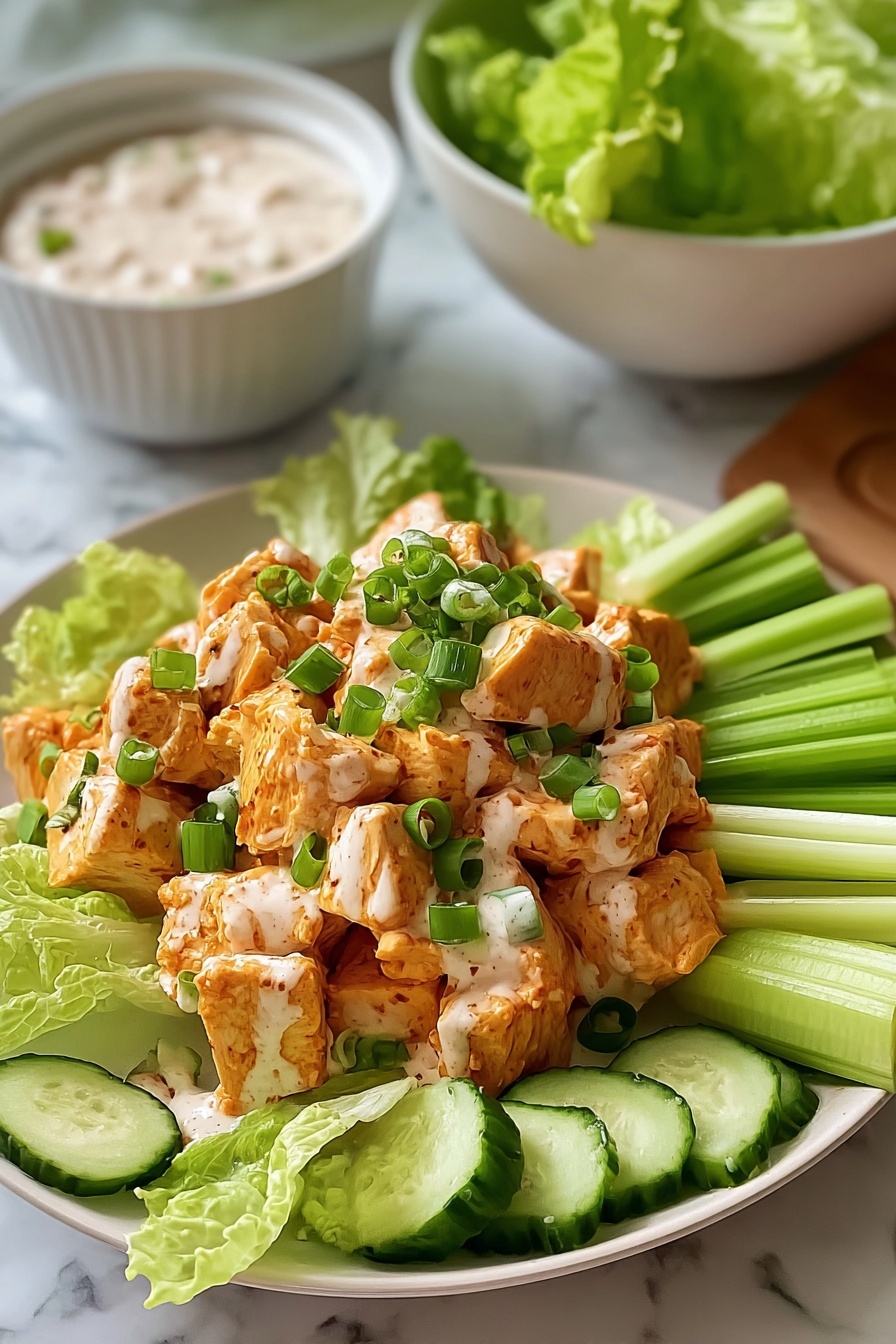 A plate of buffalo chicken salad with cucumbers and green onions.