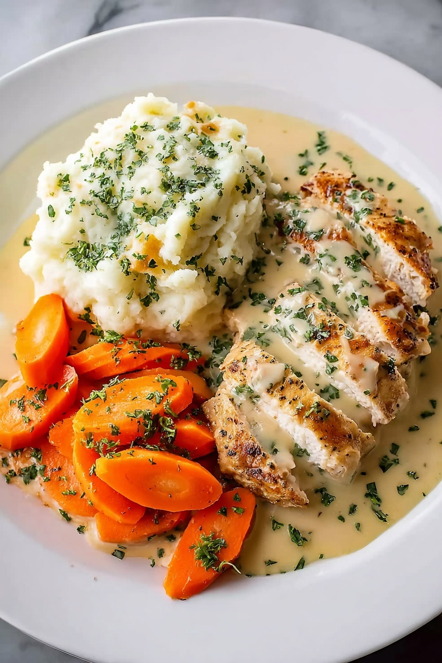 A plate of food with chicken, potatoes, and carrots.