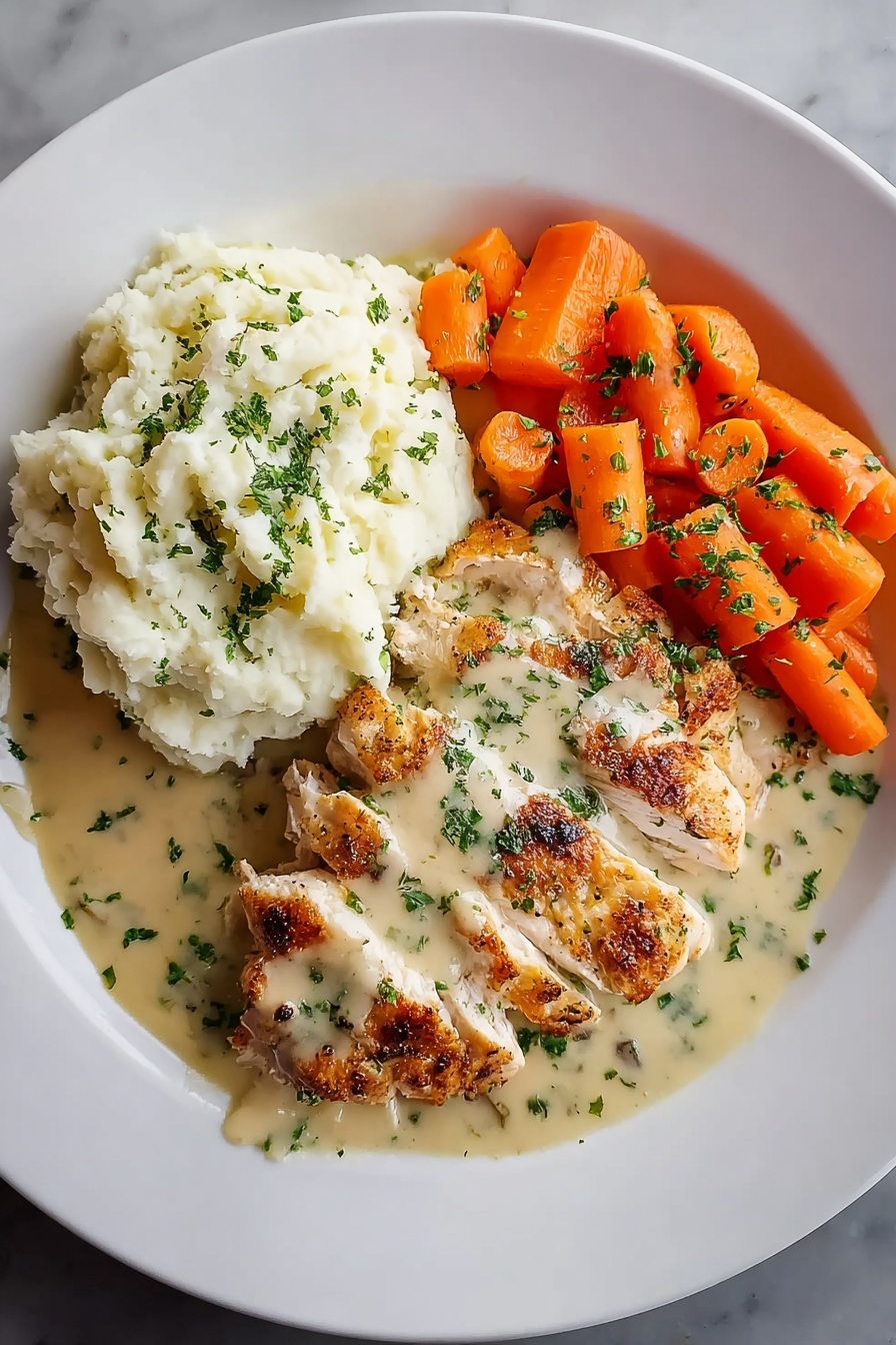 A plate of food with chicken, potatoes, and carrots.