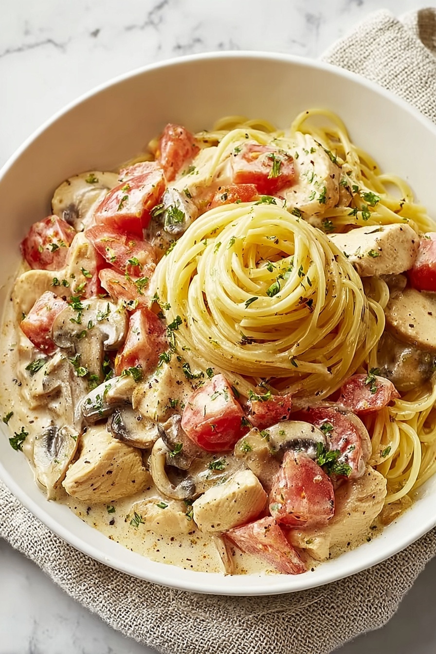 A bowl of chicken spaghetti with tomatoes and mushrooms.
