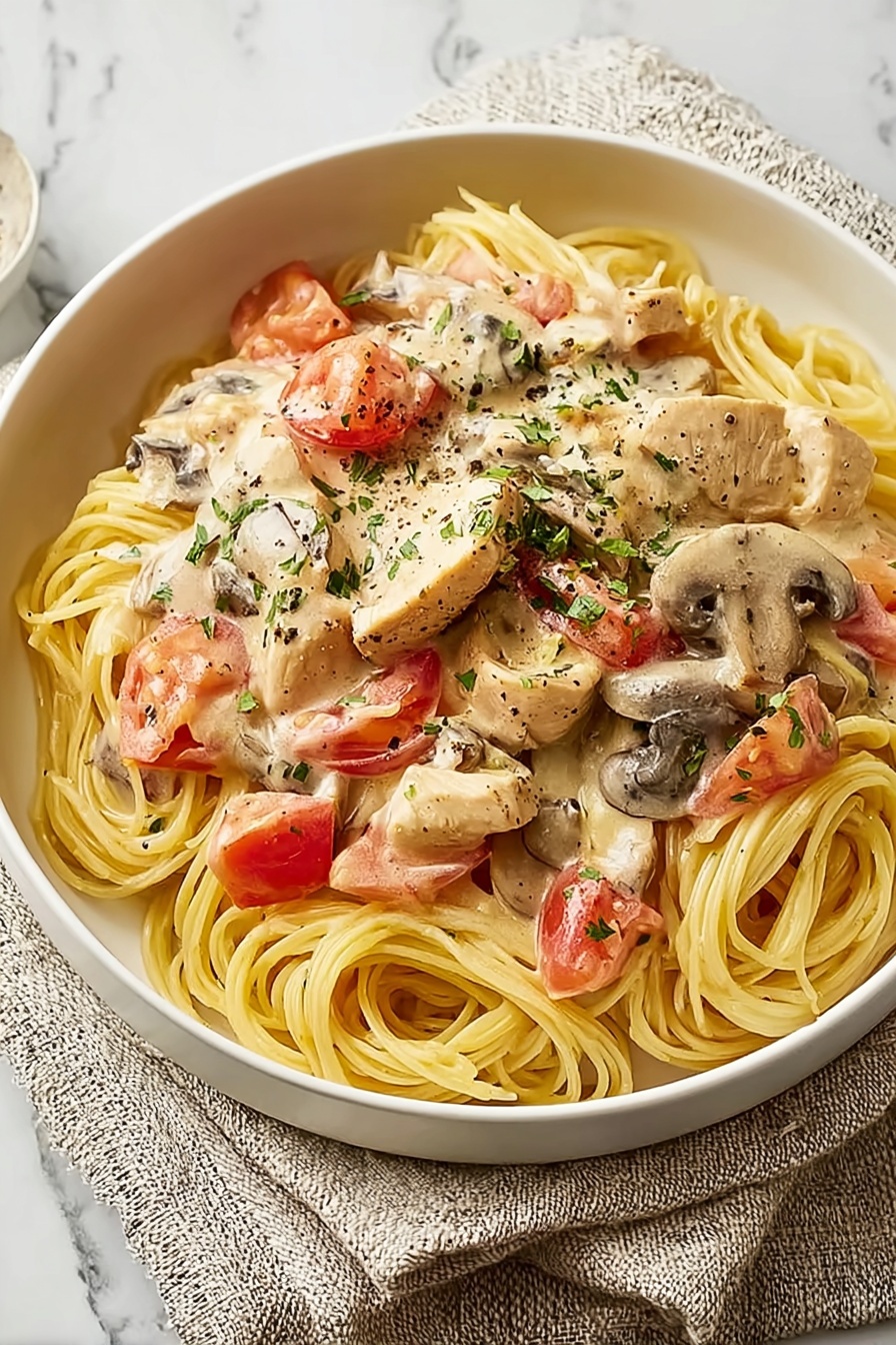 A bowl of chicken spaghetti with mushrooms and tomatoes.