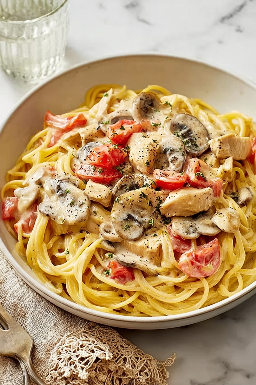 A bowl of chicken spaghetti with mushrooms and tomatoes.