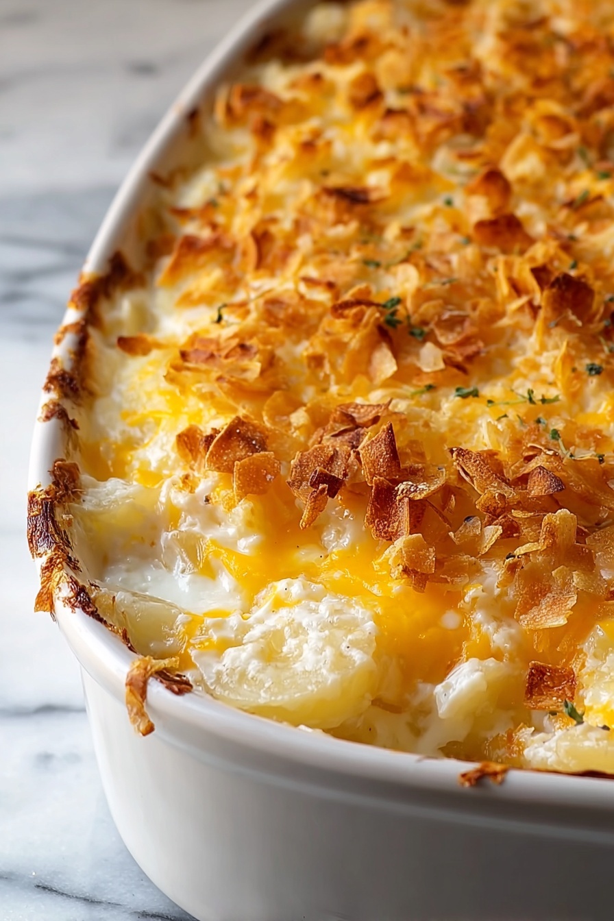 A dish of cheesy potatoes.