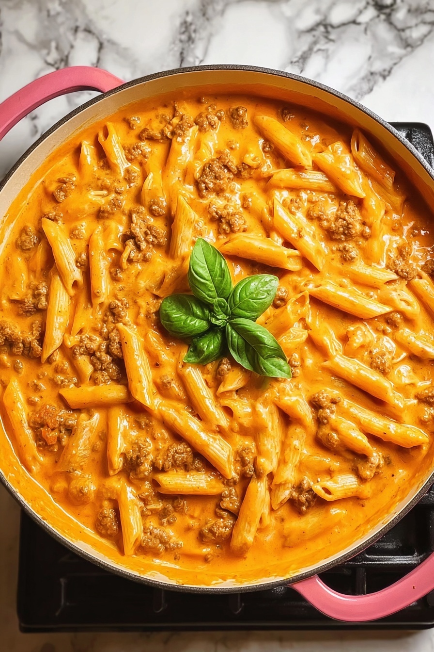A bowl of creamy beef pasta with a green leaf on top.