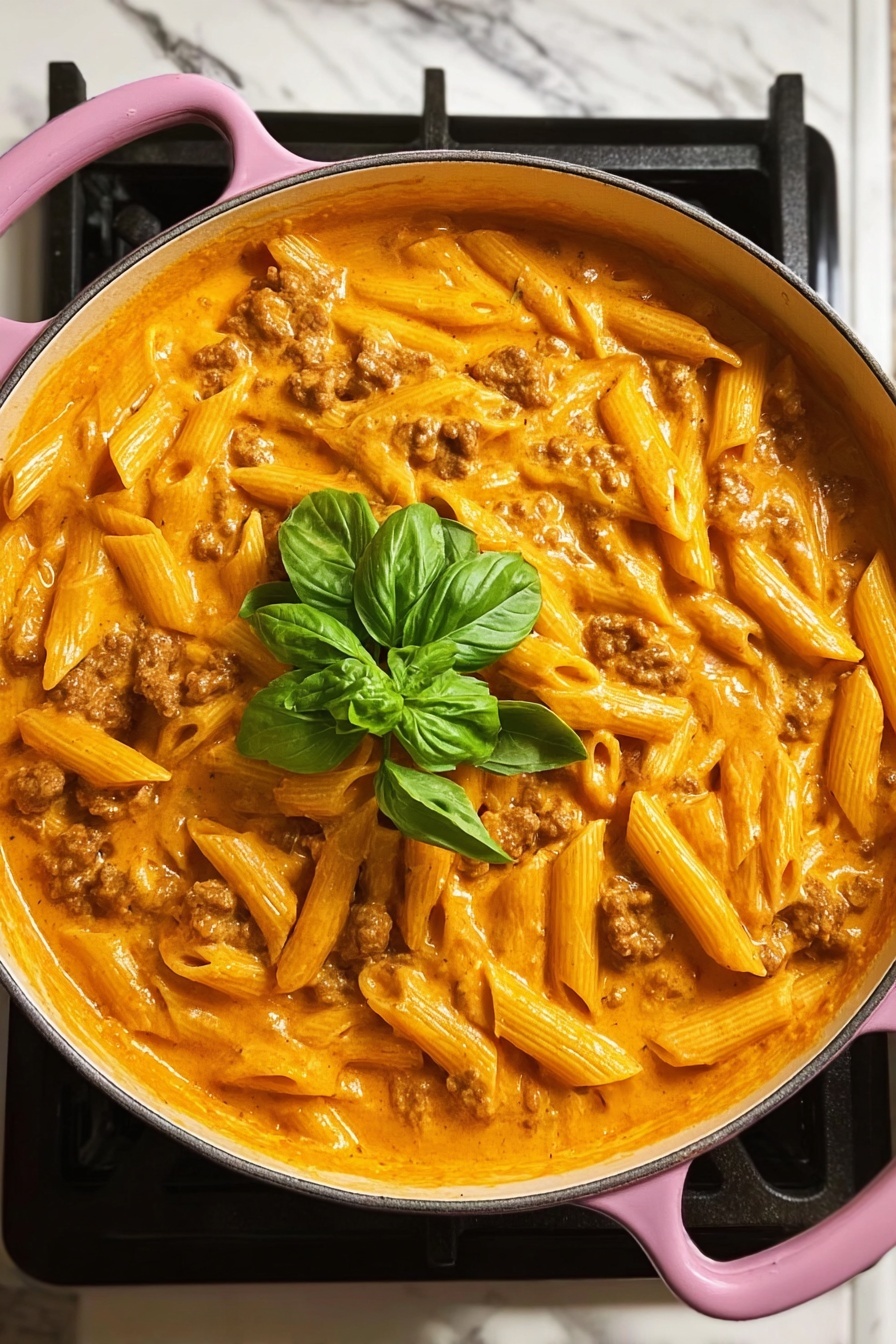A bowl of creamy beef pasta with a green leaf on top.