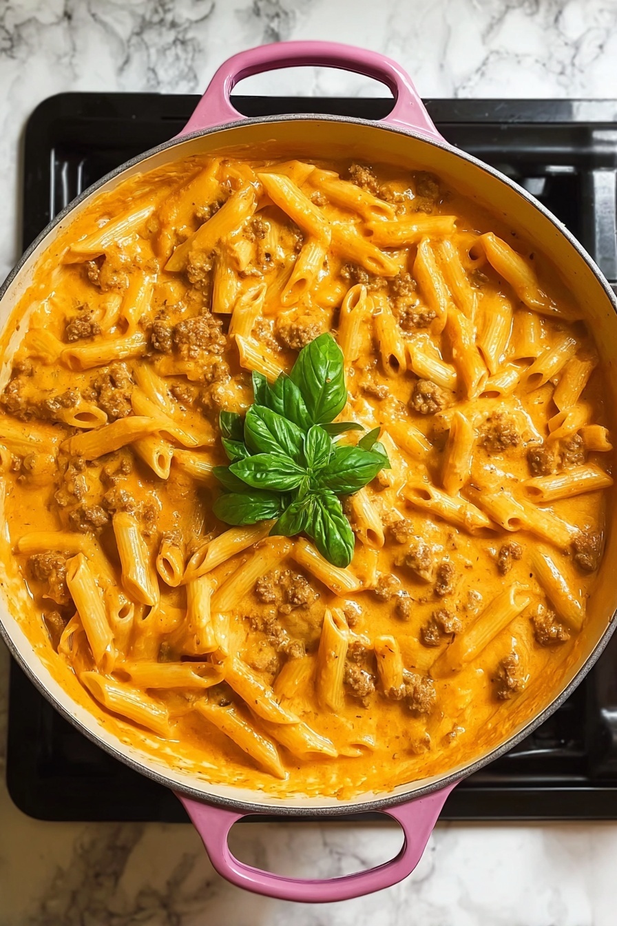 A creamy beef pasta dish with a green herb on top.