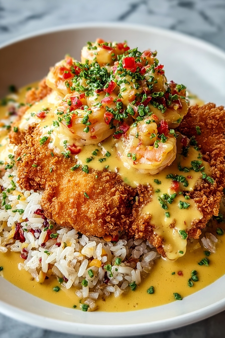 A plate of dirty rice with crawfish cream sauce.