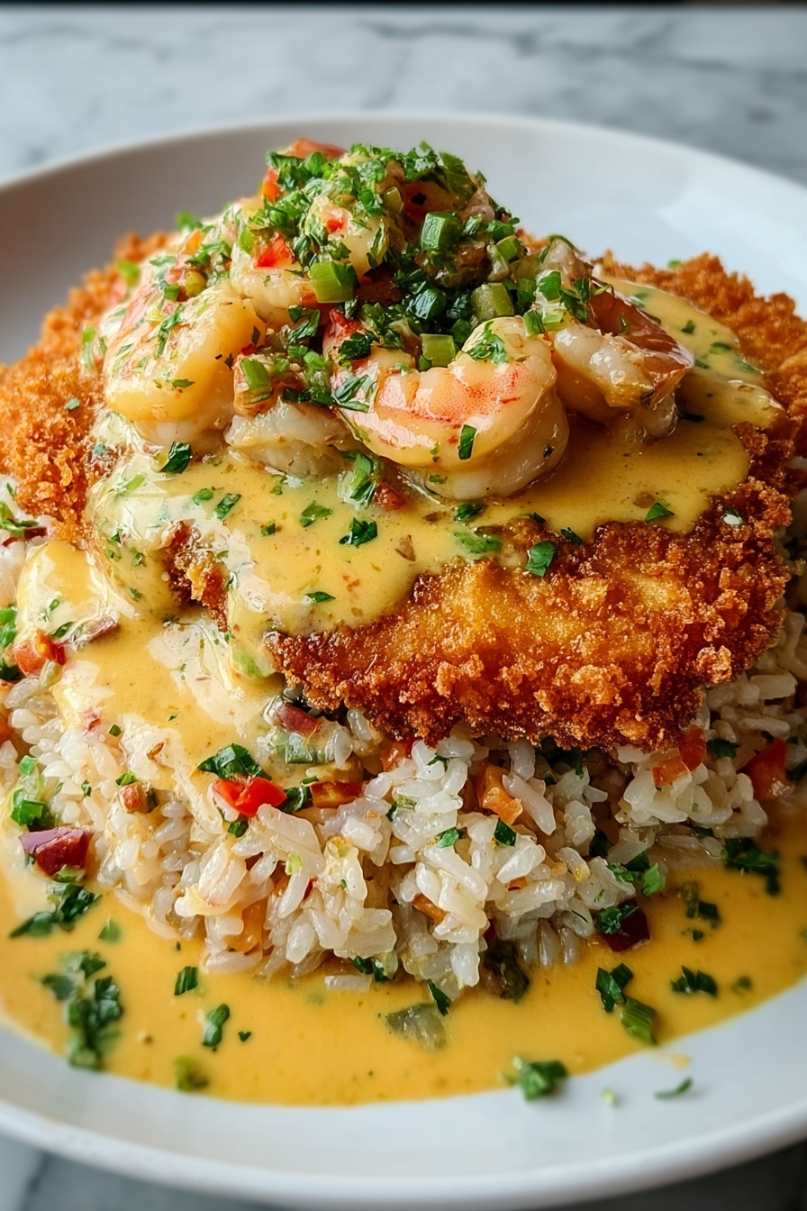 A dish of dirty rice with cajun crawfish cream sauce.