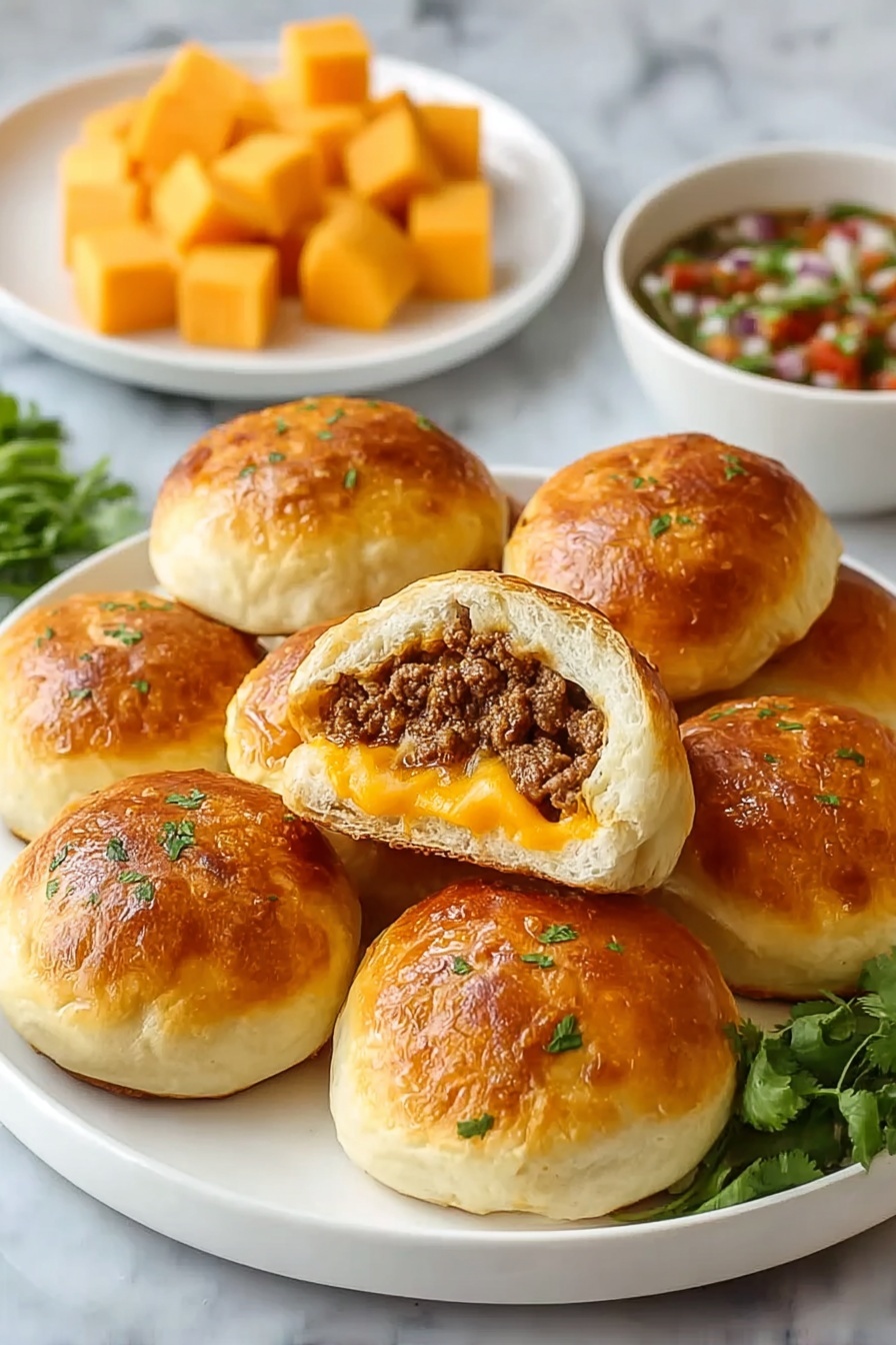 A plate of baked bread with meat inside.
