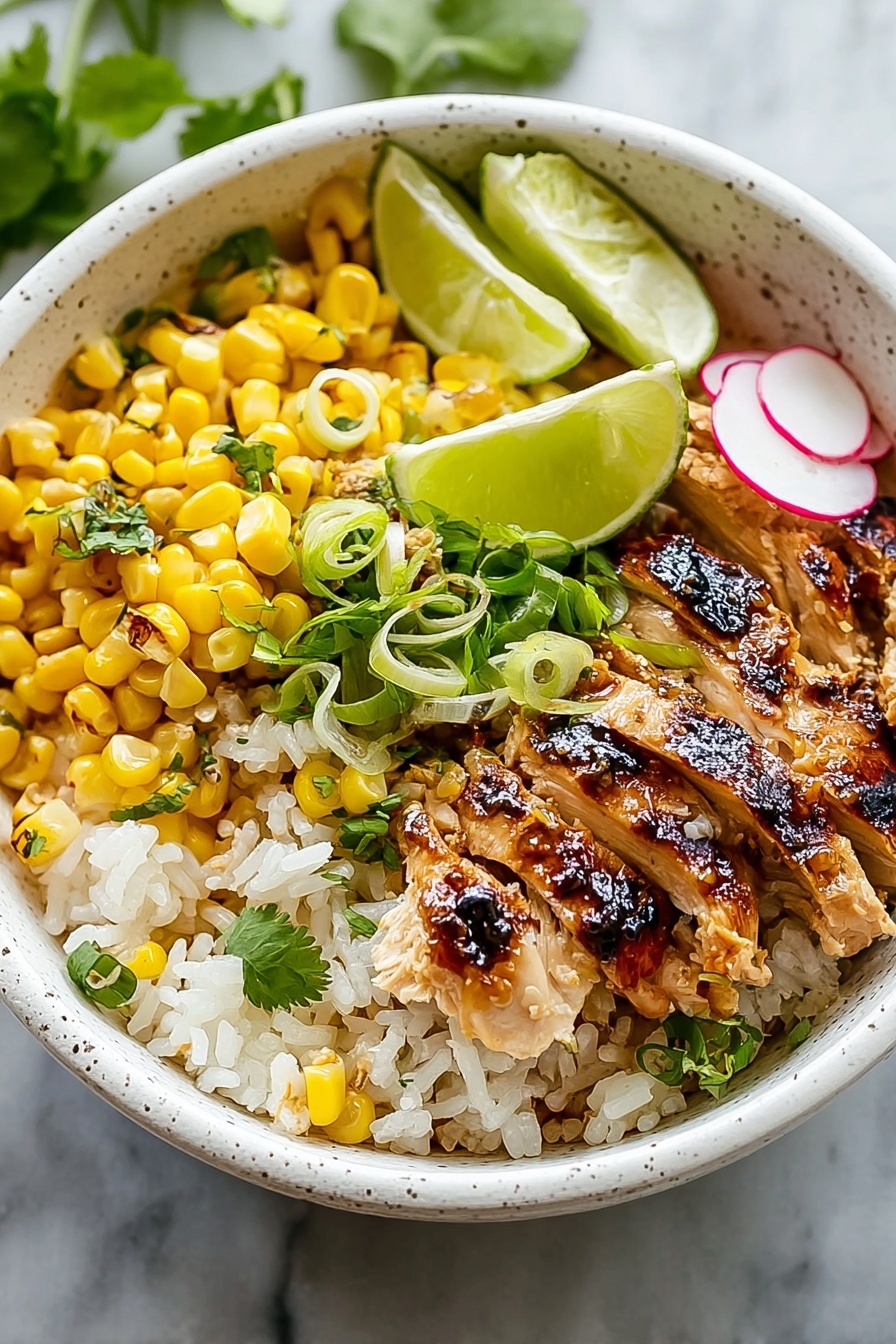 A bowl of food with rice, chicken, corn, and lime.