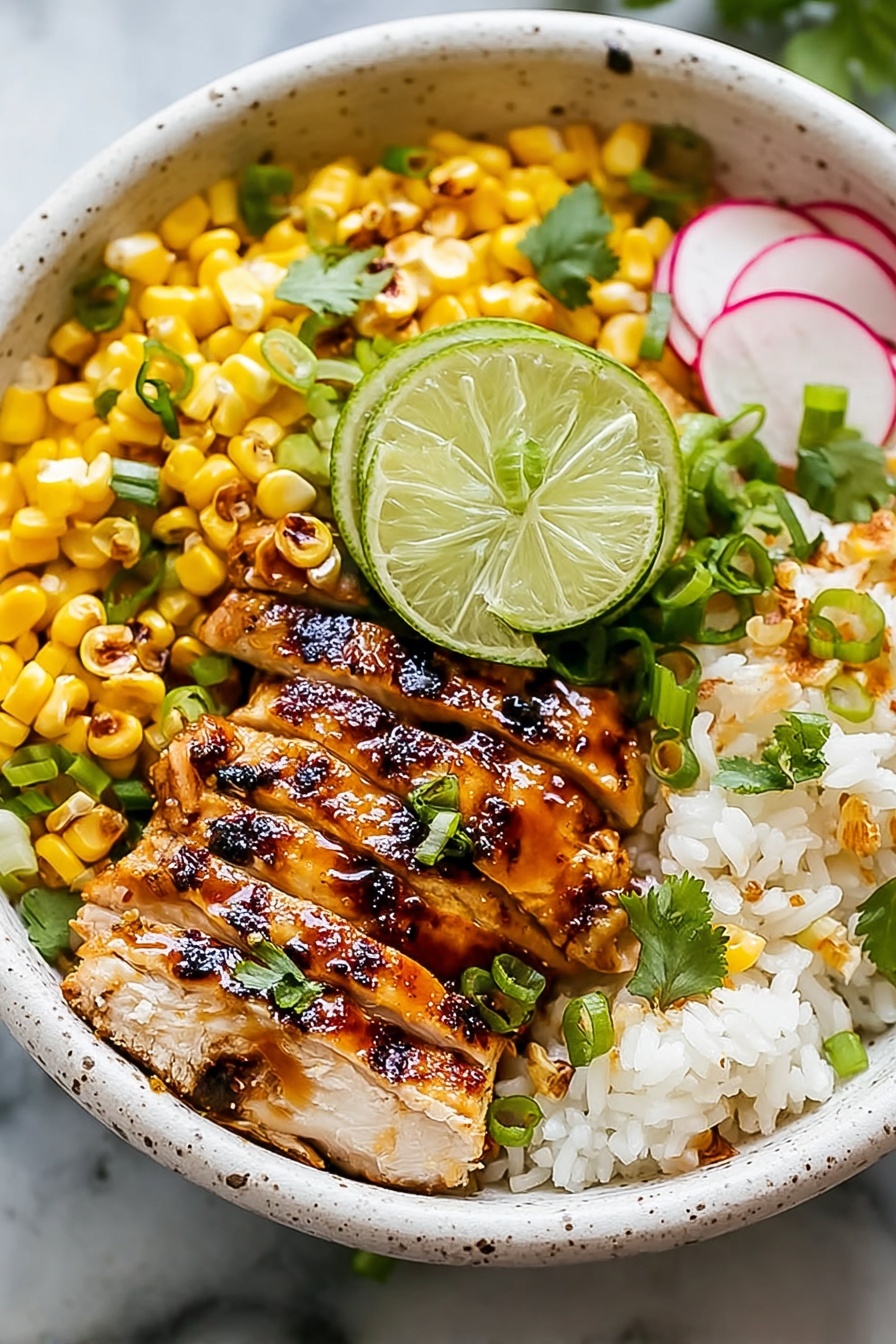 A bowl of food with chicken, rice, and corn.
