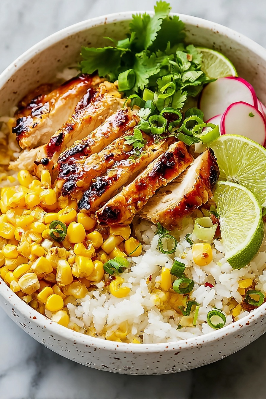 A bowl of food with chicken, rice, corn, and lime.