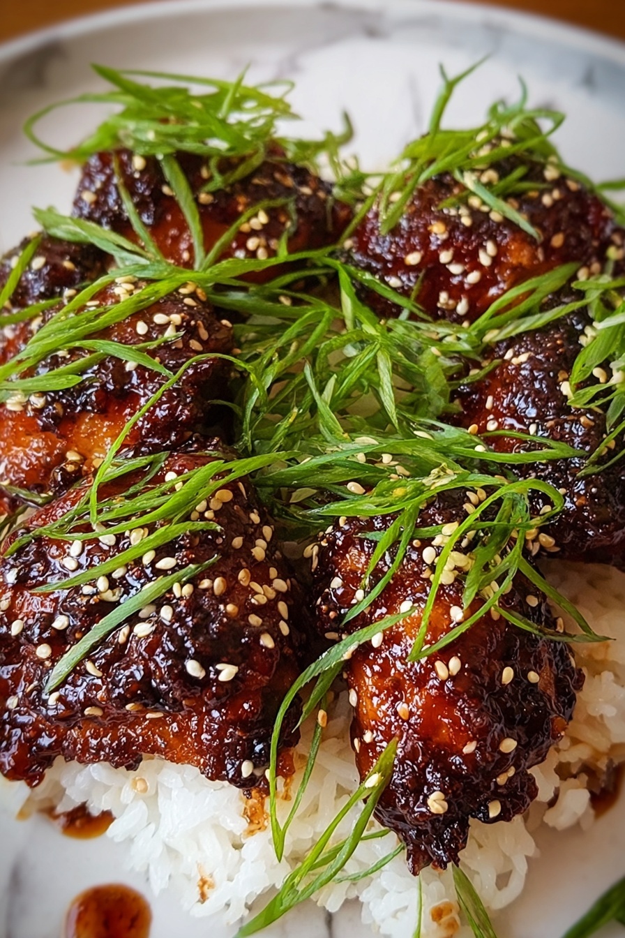 A plate of sticky honey gochujang chicken.