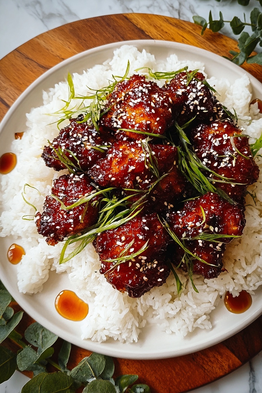 A plate of sticky honey gochujang chicken.