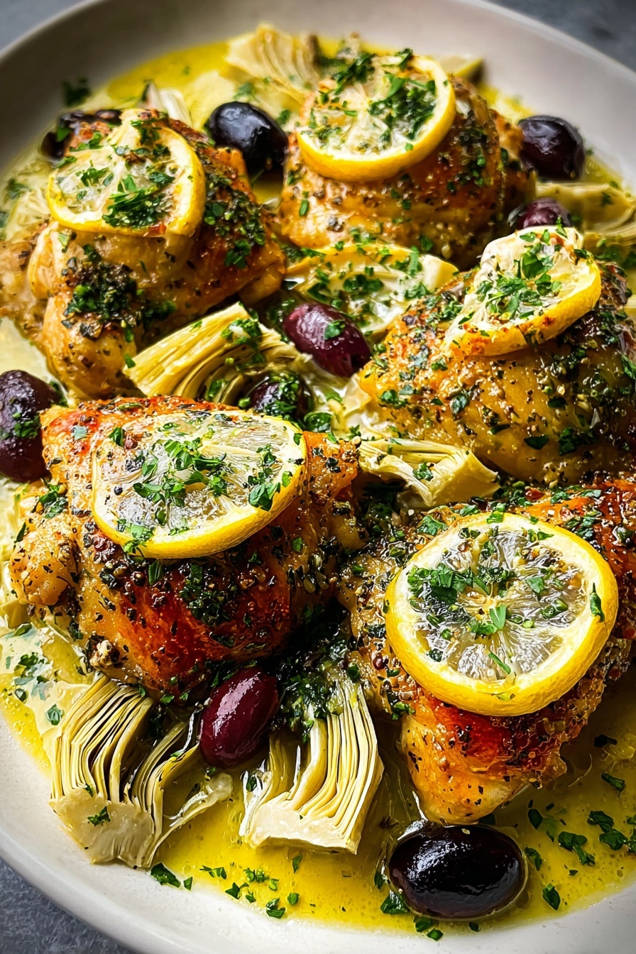 A plate of chicken with lemon and herbs.