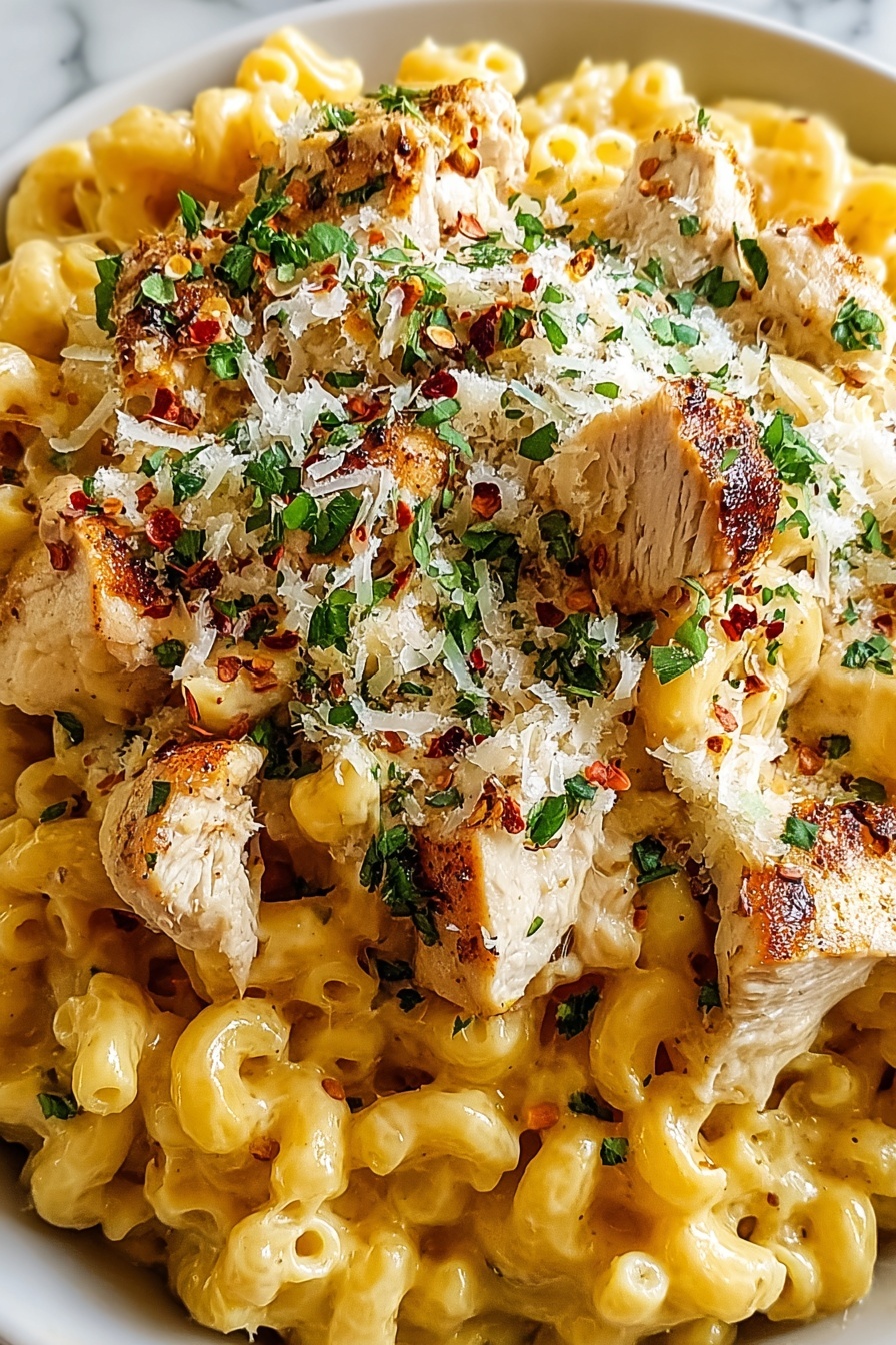 A close up of a delicious honey pepper chicken mac and cheese.