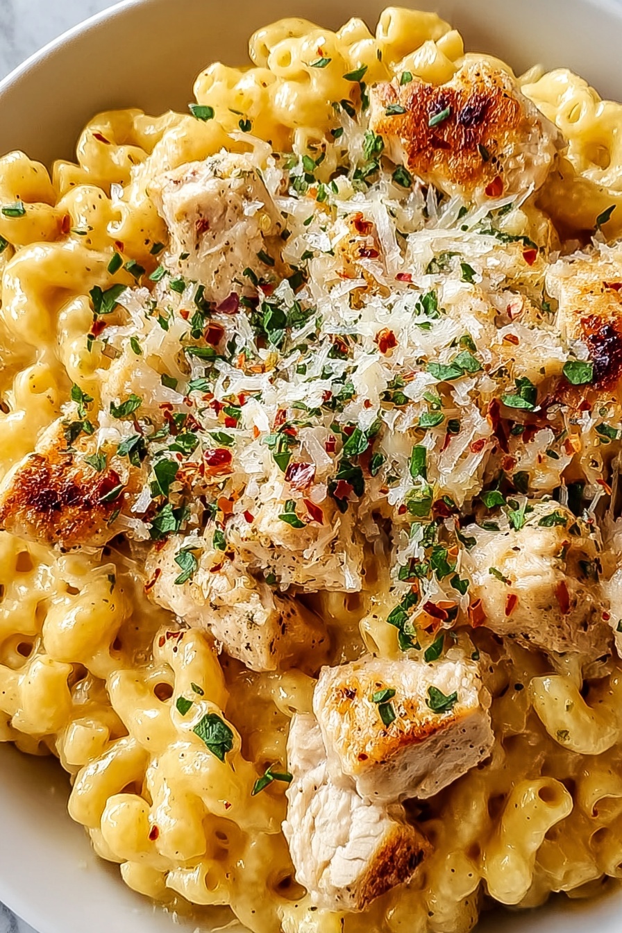 A close up of a delicious honey pepper chicken mac and cheese.