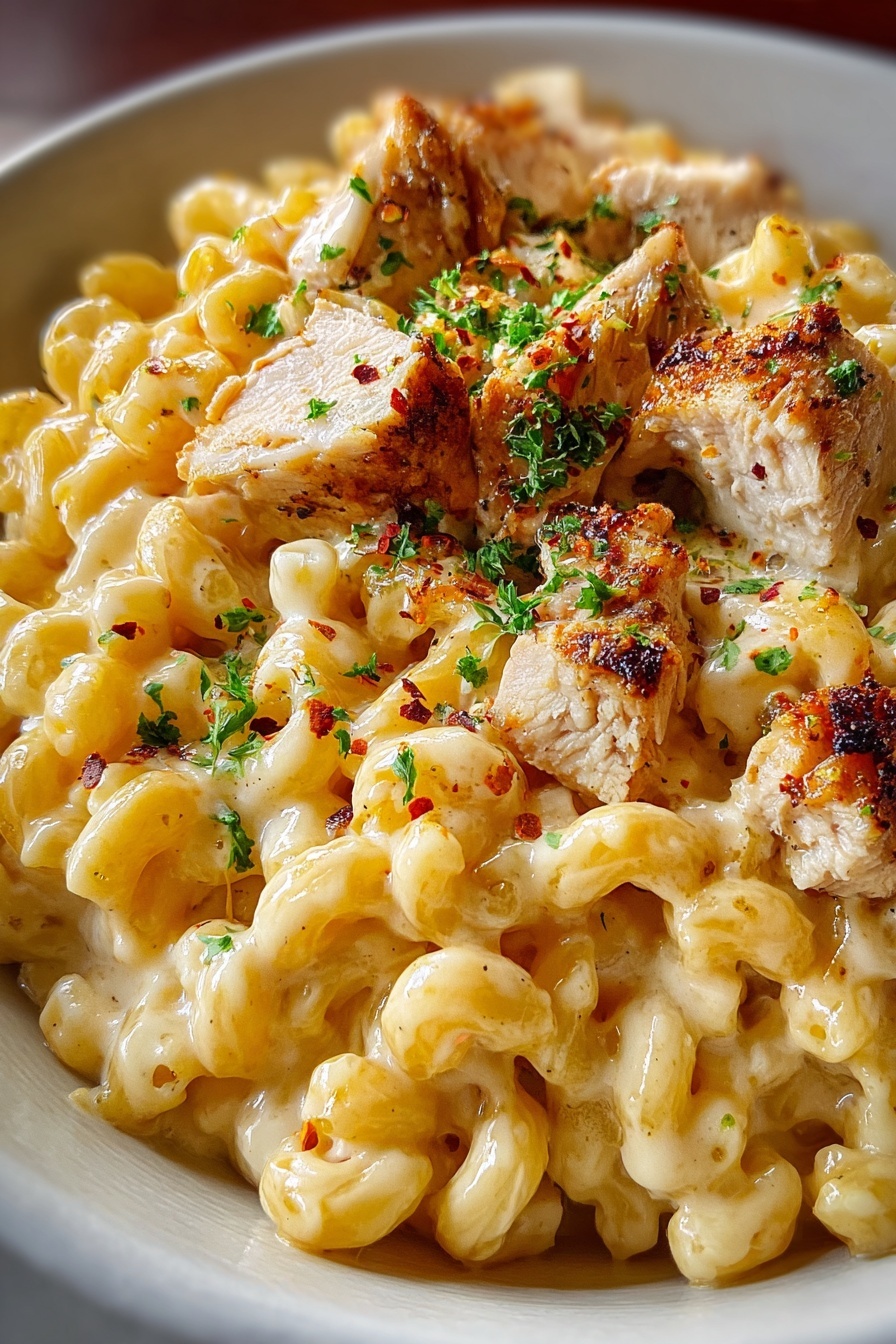 A bowl of honey pepper chicken mac and cheese.