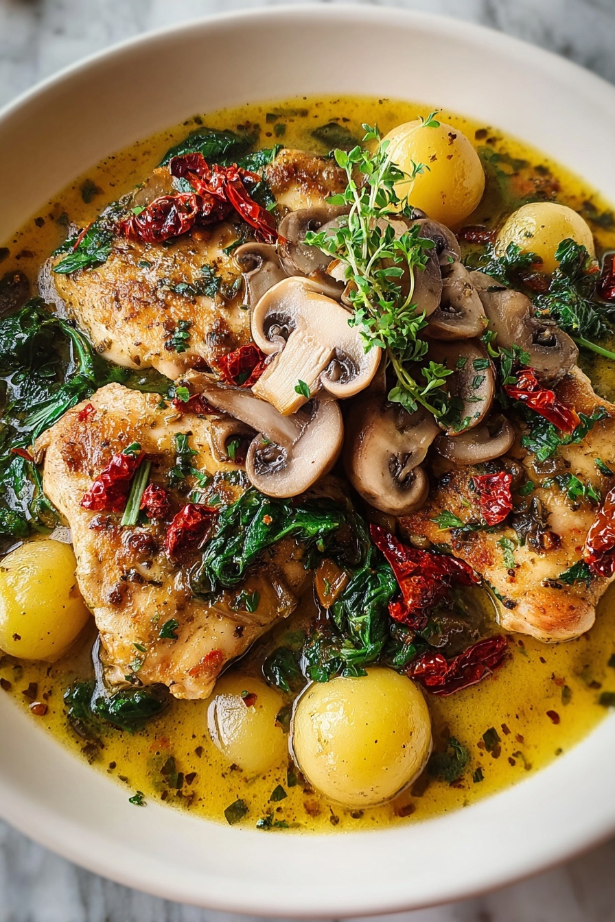 A plate of chicken with mushrooms and greens.