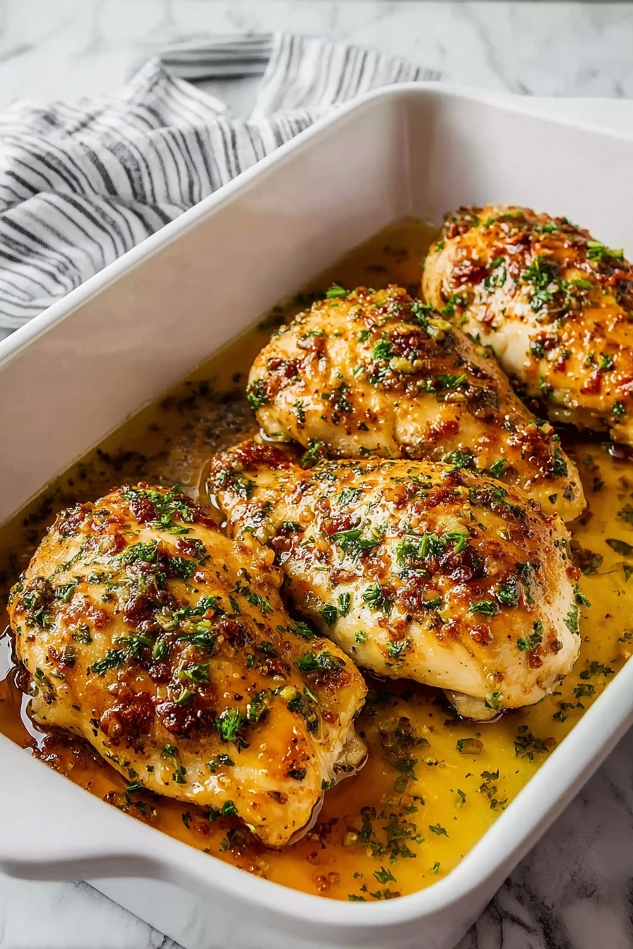 A dish of baked chicken with a sauce.