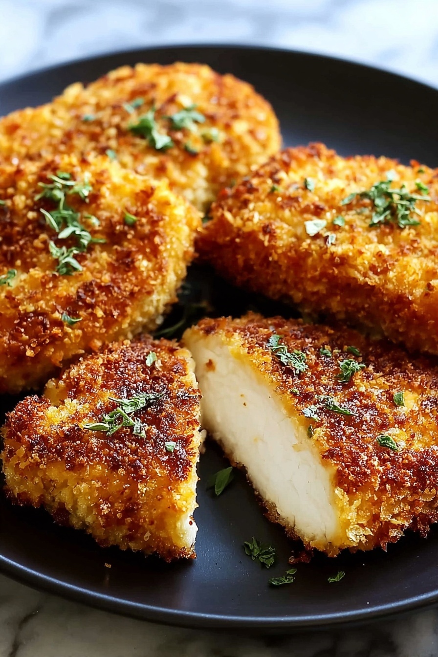 A piece of air fryer parmesan crusted chicken.