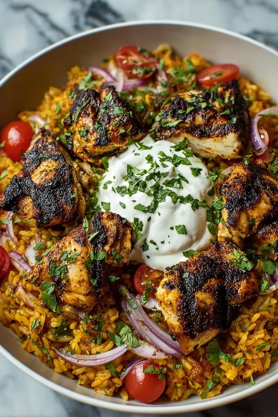 A plate of shawarma chicken and rice.