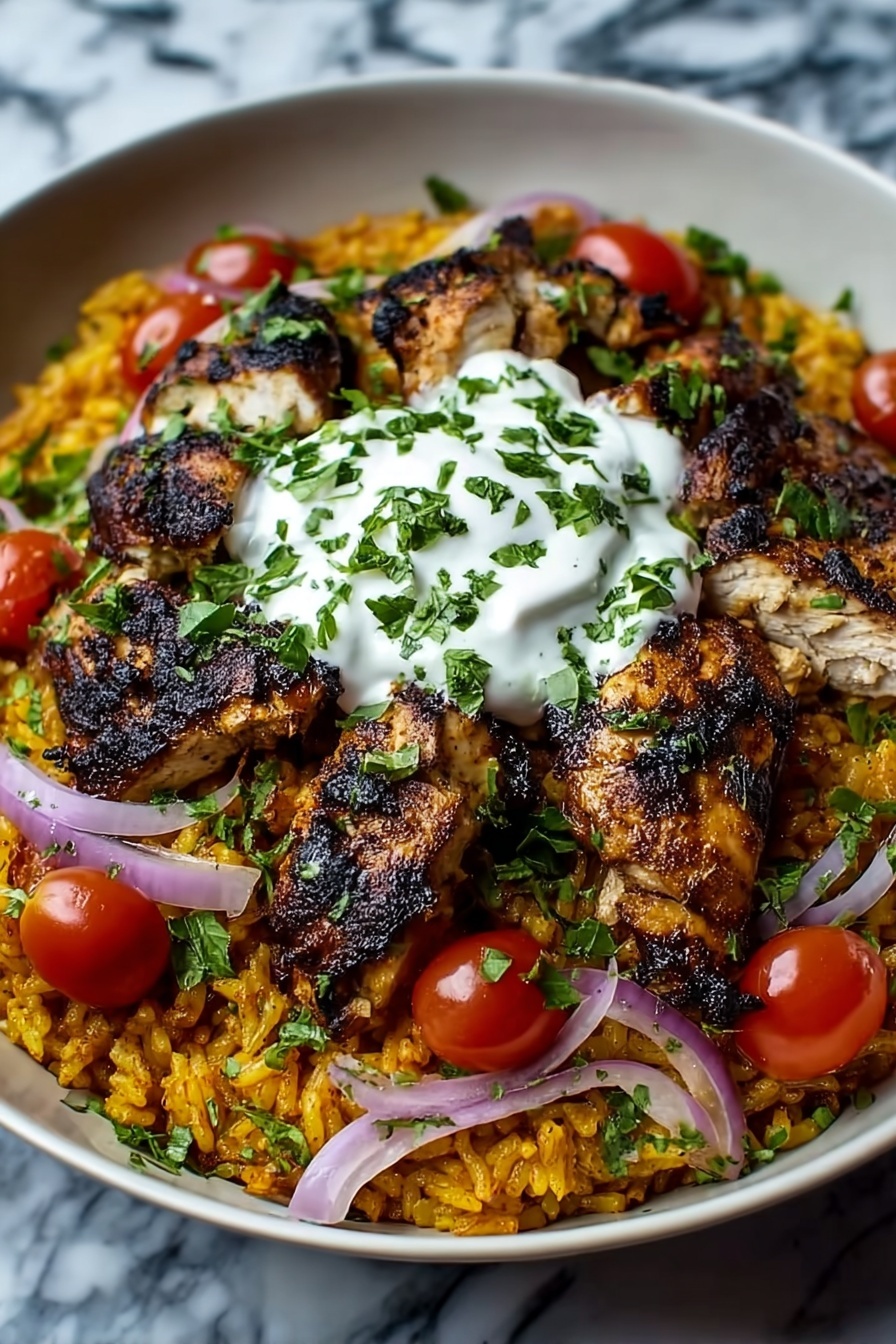 A plate of shawarma chicken and rice.