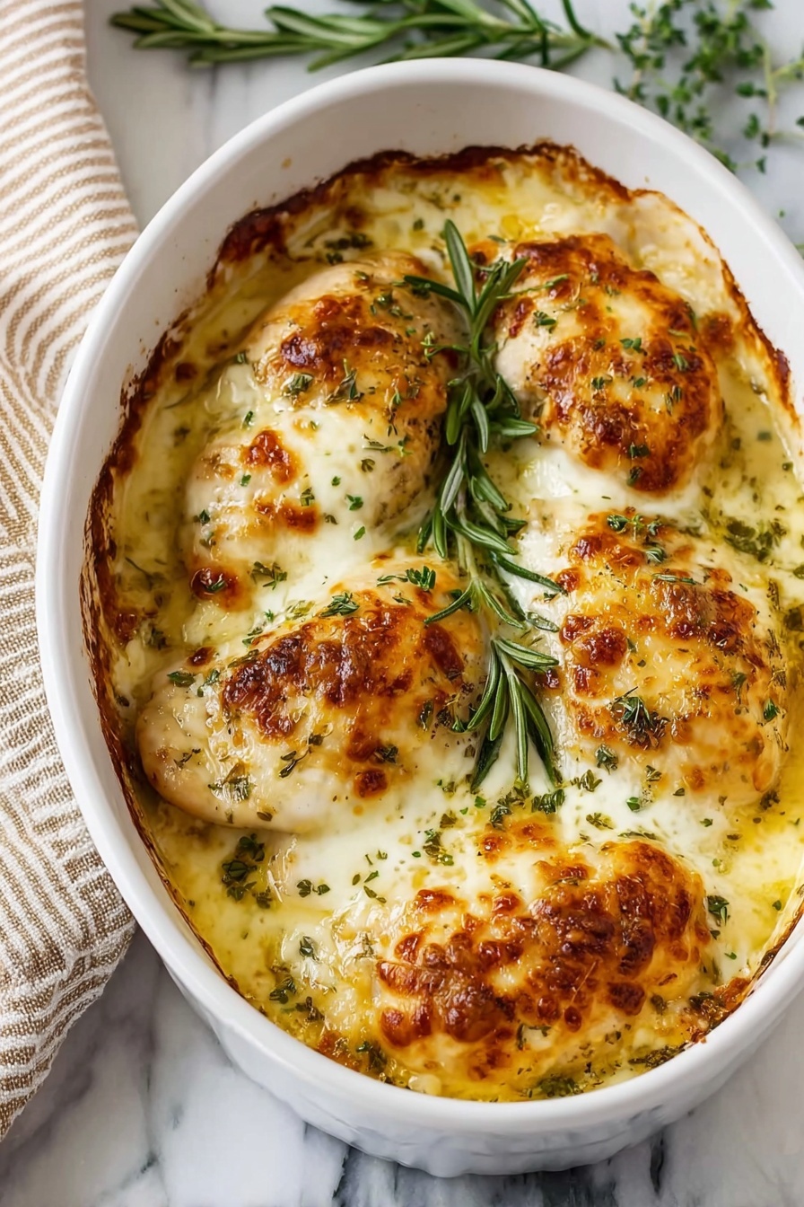 A dish of baked chicken with cream cheese and herbs.
