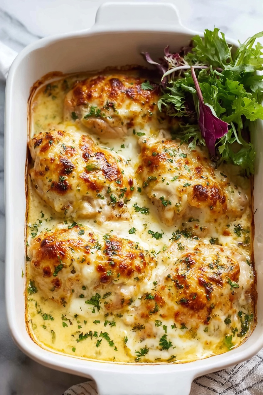 A dish of baked cream cheese chicken with green herbs.