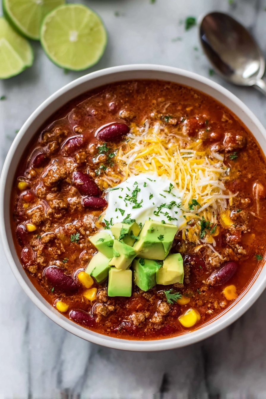 A bowl of chili with a spoon in it.
