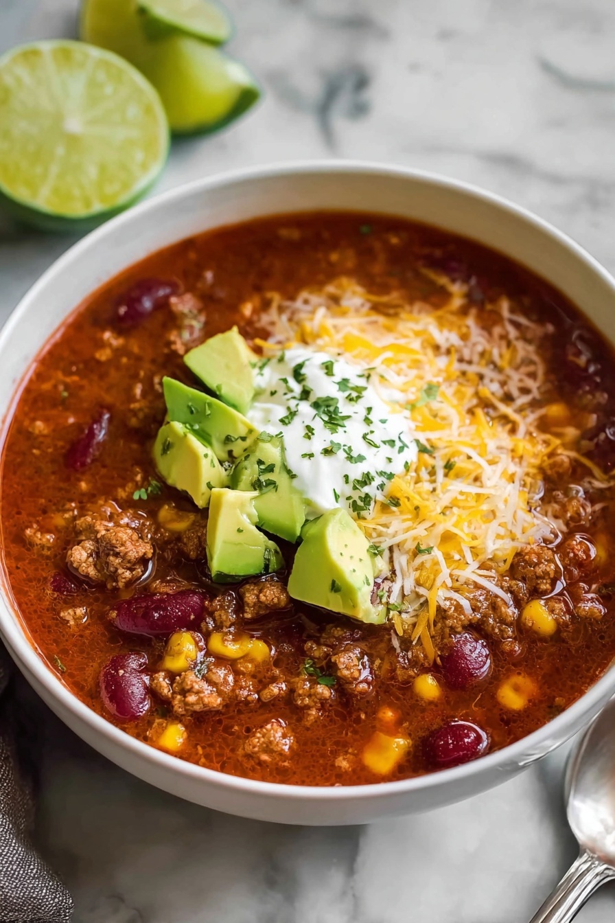 A bowl of soup with chili, cheese, and avocado.