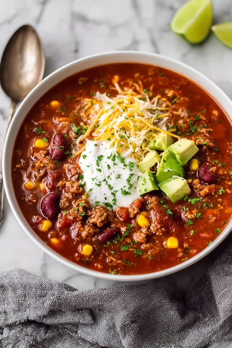 A bowl of soup with chili, cheese, and avocado.