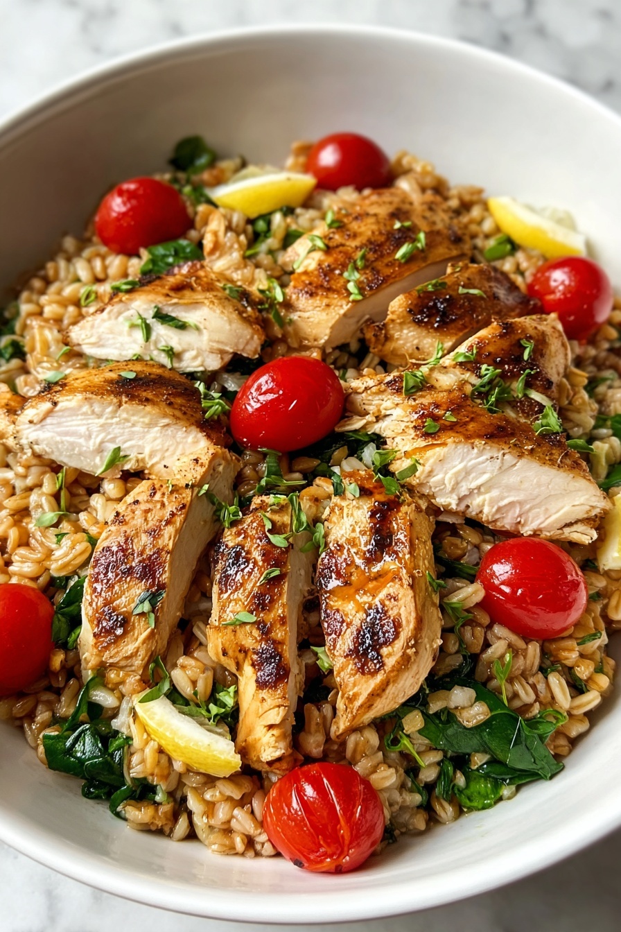 A plate of chicken with rice and tomatoes.