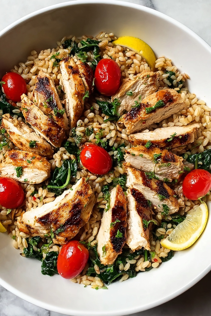 A plate of food with chicken, tomatoes, and rice.