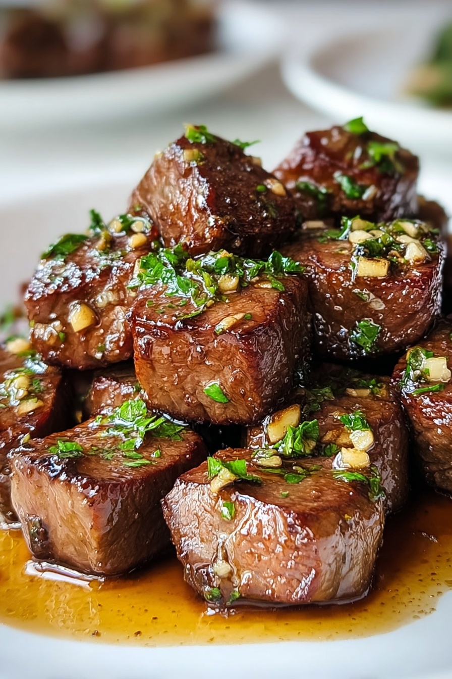A plate of honey garlic butter steak bites.