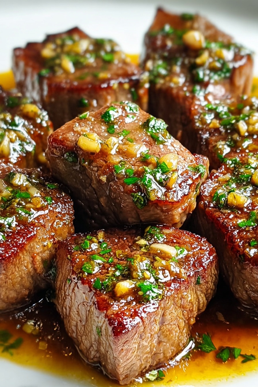 A close up of a piece of meat with garlic and honey drizzled on it.