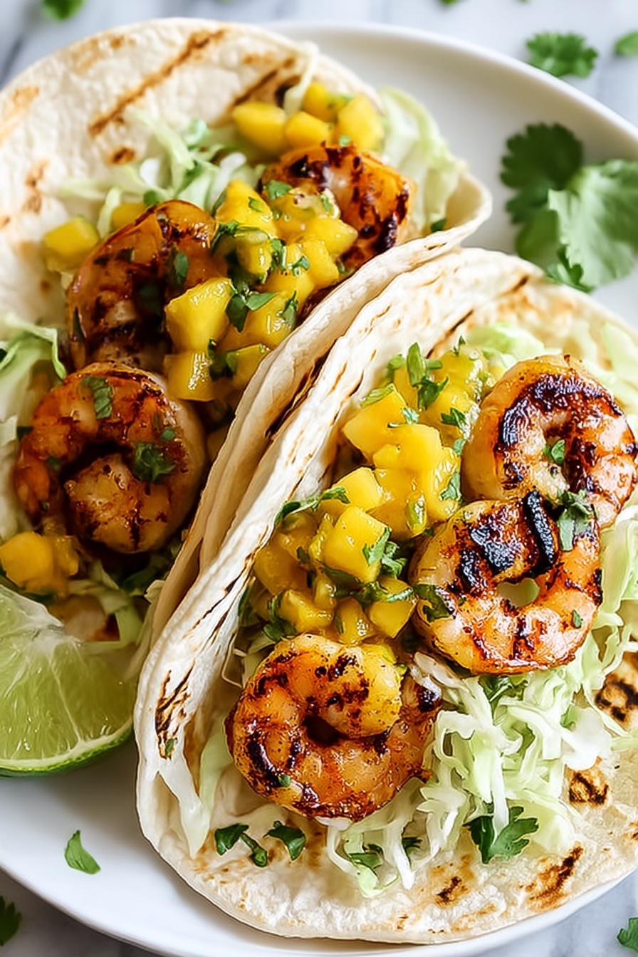 Two tacos with shrimp and pineapple.