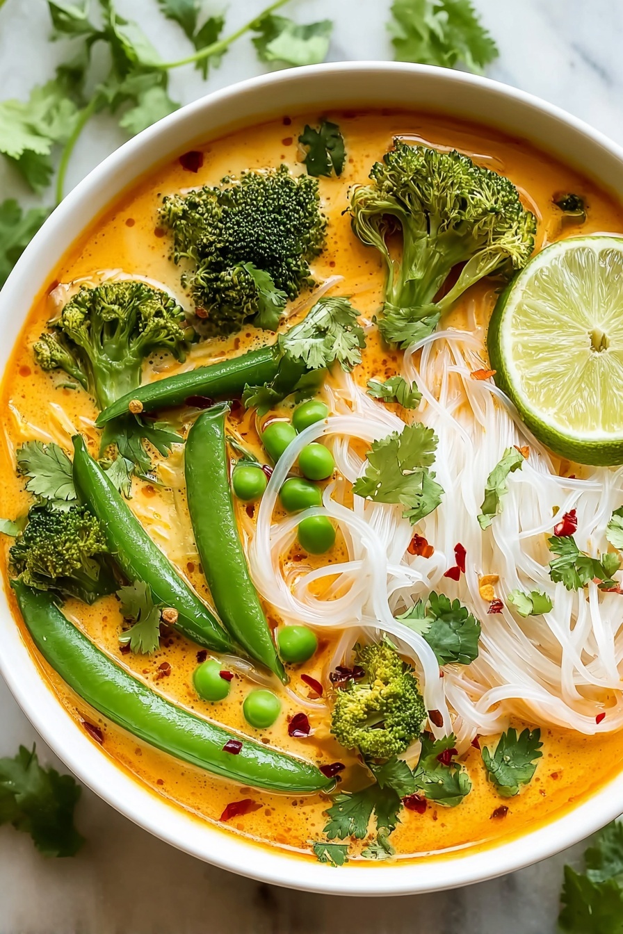 A bowl of spicy Thai curry noodle soup.
